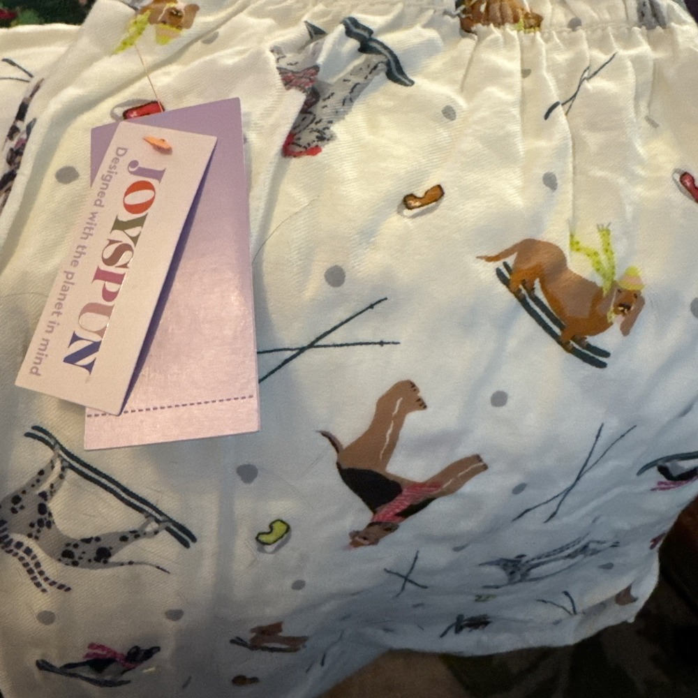 Joyspun Womens Sz Large (12-14) White Skiing Dog Printed Woven Pajama Pants NEW - Picture 2 of 5